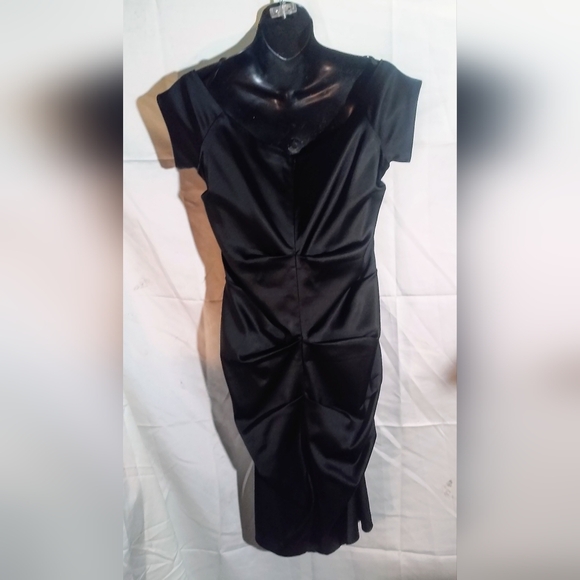 NWOT Betsy & Adam 018547 Black Stretch Satin Square Neck Ruched Dress Sz 12 - Picture 2 of 3